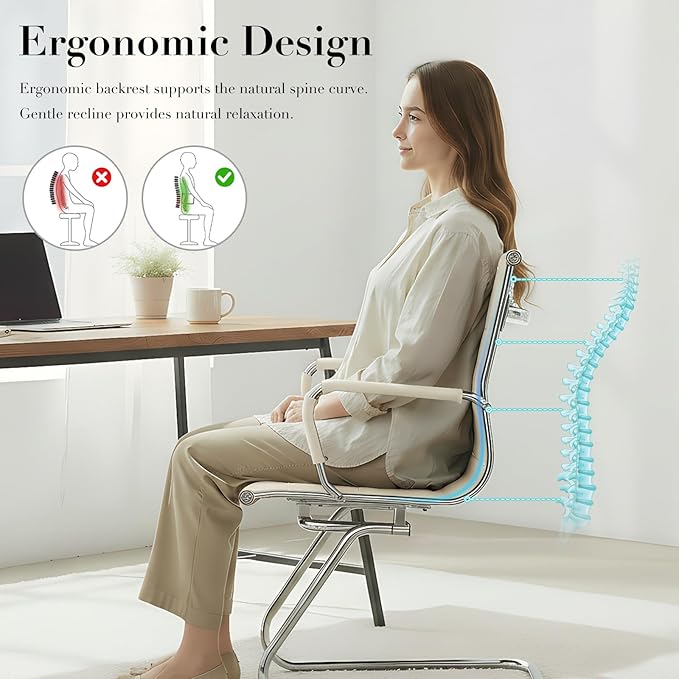 CIMOTA Waiting Room Chairs Leather Office Guest Chair Mid Back Reception Chairs with Sled Base for Meeting/Patient/Conference Room, White Set of 8