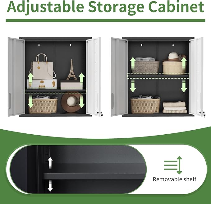 Metal Tool Cabinet,Garage Storage Cabinet System,Wall Cabinet & Locking Rolling Tool Cabinet with Doors and Adjustable Shelves,Steel Tool Cabinets for Home (2 Pcs-StyleA, Black & Grey)