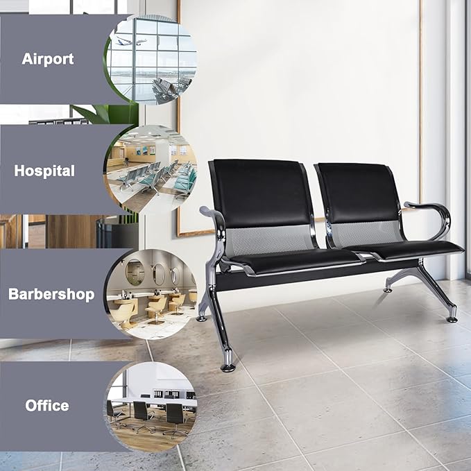 kinbor Waiting Room Chairs - Durable PU Leather Reception Bench with Armrests, 2-Seat Office Reception Guest Chairs for Office, Hospital, Airport, Bank & Lobby, Black