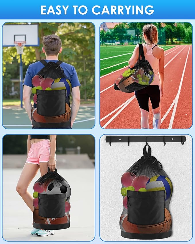 BROTOU Soccer Ball Bag with Double Shoulder Strap Large Mesh Sports Equipment Net Bag with Top Handle Heavy Duty Drawstring Bags Team Work for Basketball, Volleyball, Baseball, Swimming Gear