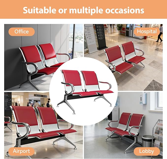 Kinfant Waiting Room Chairs with Arms – Red PU Leather Back & Cushioned Seat Heavy-Duty Steel Frame, Ergonomic Office Reception Guest Chair for Lobby, Clinic, Airport
