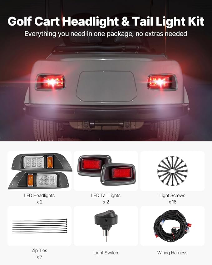 VEVOR Golf Cart Light Kit, 12V, LED Headlight and Taillight Kit with Wiring Harness, Switch, Zip Ties, ABS Housing, High-Brightness, Waterproof and Dustproof, Suitable for Club Car DS 1993-Up Models