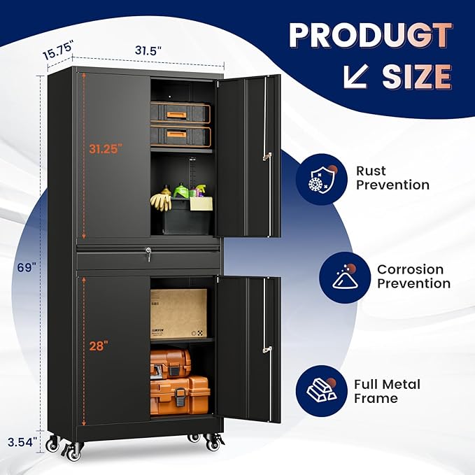 Yizosh Metal Garage Storage Cabinet with Locking Doors and Adjustable Shelves, 73" Rolling Tool Storage Cabinet with 4 Wheels and 1 Drawer for Garage,Warehouse (Black)