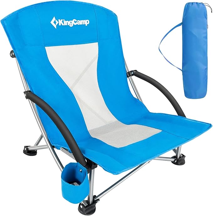 KingCamp Low Beach Chairs, Folding Portable Chair for Adults Lightweight Extra Wide Seat 300lbs Heavy Duty Oversized Backpack, Carry Bag for Camping