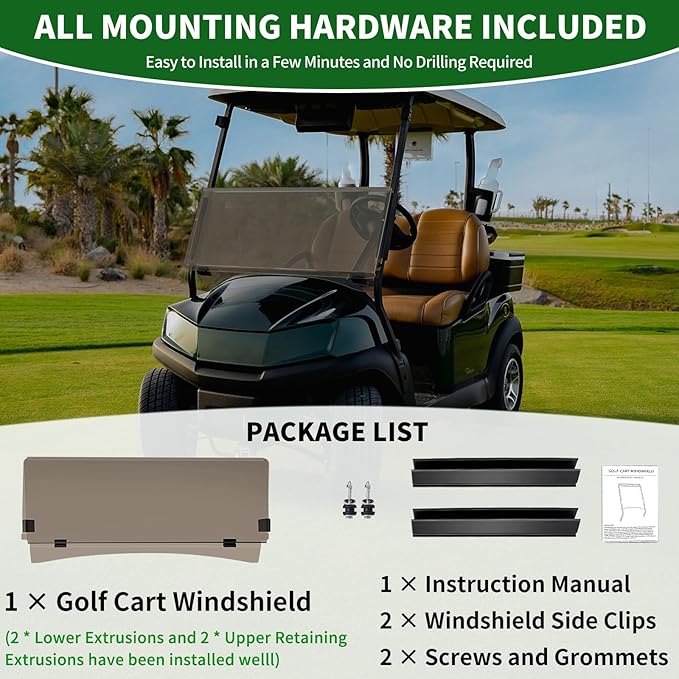 Golf Cart Foldable Windshield 3/16" (5MM) Thicken Only Fits Club Car Precedent 2004+, Tempo 2017+, Onward 2017+, 1"×1" Struts Rail Front Folding Acrylic Windshield Replacement - Tinted