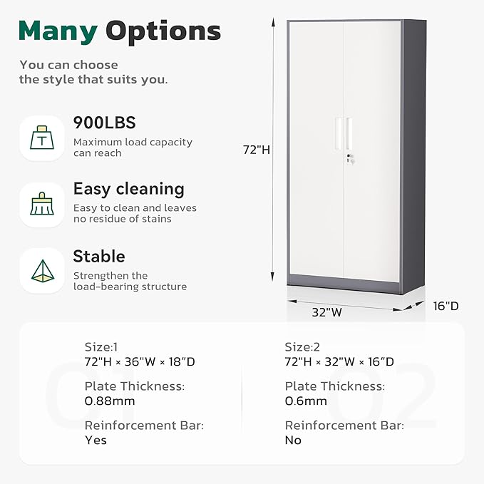 Metal Lockable Storage Cabinet, 72” Storage Cabinet with 2 Doors and 4 Adjustable Shelves for Office, Home, Garage, Pantry (Assembly Required, Grey White)