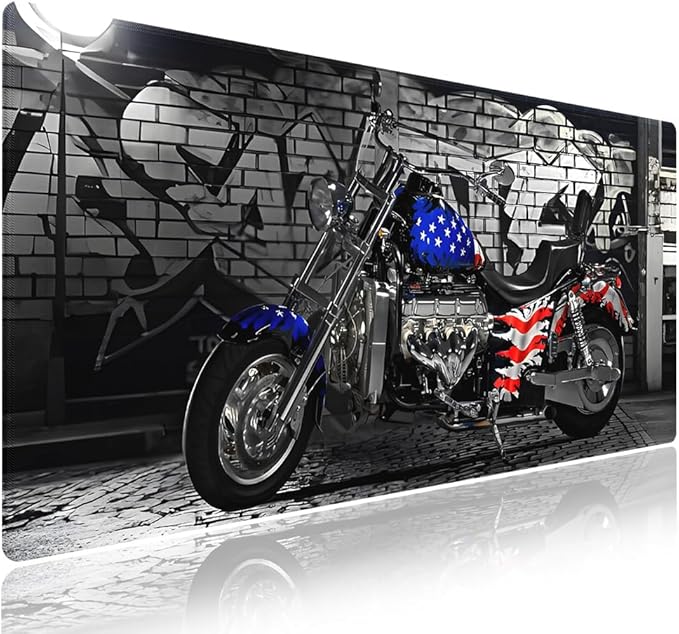 XXL Gaming Mouse Pad with Stitched Edges for PC Home & Office - USA Motorcycles Flag Brick Graffiti Wall Patriotic Themed Design, Smooth Cloth Surface Anti-Slip Rubber Base Large Desk Mat
