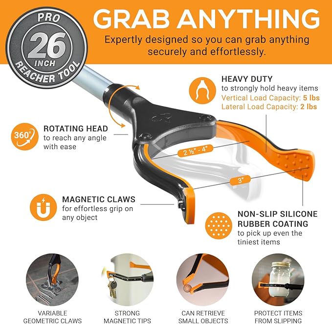 EZPIK® Grip Aid Tool Grabber Reacher + Magnets - Grabbers for Seniors, Trash Picker Upper Grabber - Trash Grabber Tool- Reacher Grabber Pickup Tool (Silver, 26" (Pack of 2))