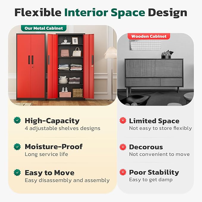 Greenvelly 63" H Metal Storage Cabinet Black Red, Locking Metal Cabinet, Store Tools, Clothes, Tableware and Toiletries, Garage Cabinets with Adjustable Shelves for Office, Home, Garage, Pantry