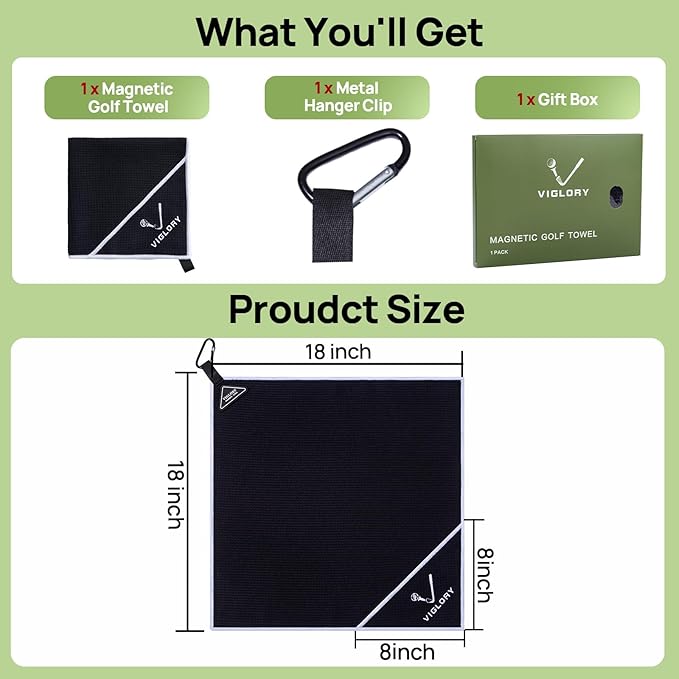Magnetic Golf Towel for Bag 18" x 18" with Clip Exclusive Cleaning Pocket Microfiber Waffle Ultra Absorbent Club Ball Cleaner Essential Golf Accessories and Gifts for Men Women(Black 1 Pack)