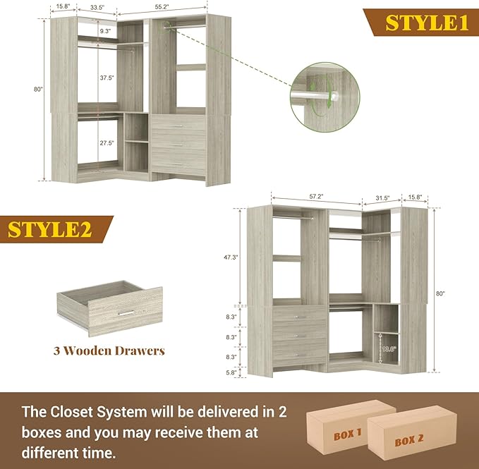 Aheaplus Closet System with 3 Drawers, 2 Hanging Rods & Corner Tower, Corner Closet System with Hanging, L-Shaped Walk-In Wardrobe Organizer, 1300+ lbs Capacity, Set of 2, White Oak