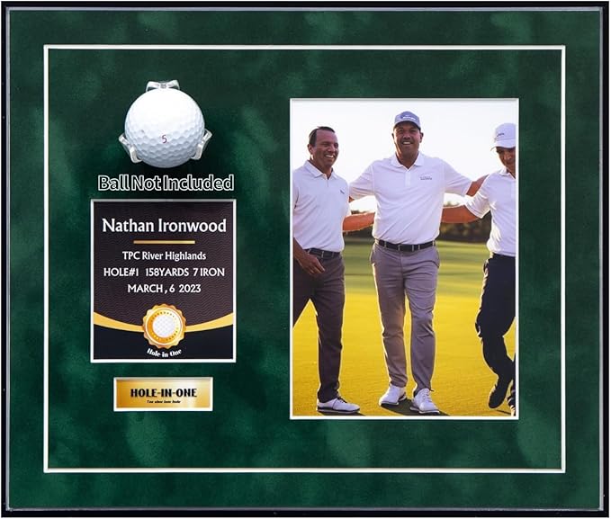 One-Shot Victory Golf Ball Display Frame – Acrylic Case with External Ball Mount, Custom Photo & Nameplate, Green Suede Mat, Elegant Golf Keepsake Gift