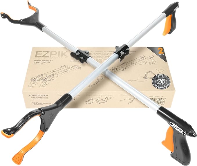 EZPIK® Grip Aid Tool Grabber Reacher + Magnets - Grabbers for Seniors, Trash Picker Upper Grabber - Trash Grabber Tool- Reacher Grabber Pickup Tool (Silver, 26" (Pack of 2))