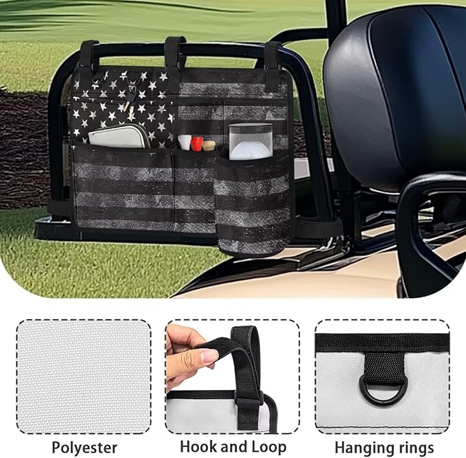 American Flag Golf Cart Bag, Golf Cart Rear Seat Organizer with Open Pockets for Golf Balls & Bottles
