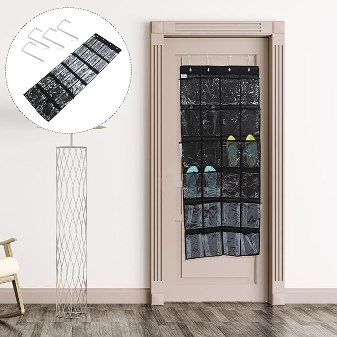 24-Pocket Shoe Hanging Organizer Bag, Black Non-Woven Fabric Door Hanging Storage Bag with Mesh Pockets, Multipurpose Closet Organizer for Bedroom and Home Use