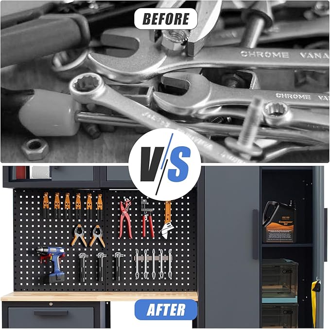 Garage Storage Cabinet System 7-Pcs Workshop Set Garage Cabinets and Storage System with Steel Cabinet Drawers, Workbench, Pegboard for Tool Organization
