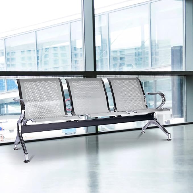 Kinfant Waiting Room Chair Bench - Guest Reception Chairs for Airport Hospital Bank Salon Barber Hall Room Conference (3-seat, Silver-Mesh)