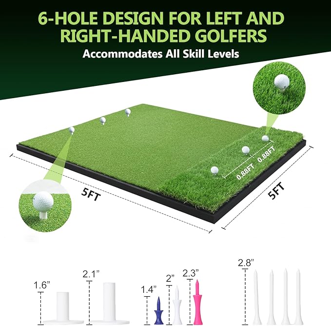 Golf Hitting Mats 31mm&55mm, 5x4ft/5x5ft Golf Mat Practice Outdoor & Indoor, Golf Practice Mat with 9 Tees, Heavy Duty Artificial Dual Turf Matt for Training Chipping Driving Swing Backyard Simulator