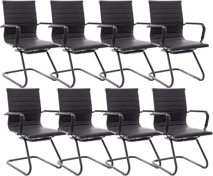 CIMOTA Waiting Room Chairs Leather Office Guest Chair Mid Back Reception Chairs with Sled Base for Meeting/Patient/Conference Room, Retro Black Set of 8