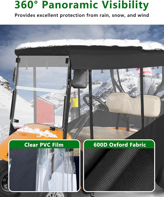 Golf Cart Enclosure 2 Passenger for Ezgo TXT,600D Waterproof Clear Rain Cover Driving Enclosure 2 Seater,Full Roll Up 3 Sided Transparent Windows&door with Heavy Duty Zipper,Side Mirrors Openings