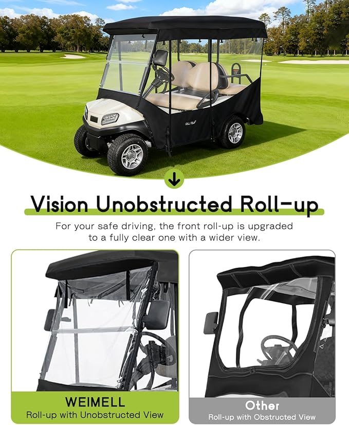 Golf Cart Enclosure 4 Passenger for Club Car Tempo Onward Extended Roof 88" 4-Seater 600D Waterproof Transparent Driving Rain Cover with 4-Sided Clear Windows Roll-up Door Black