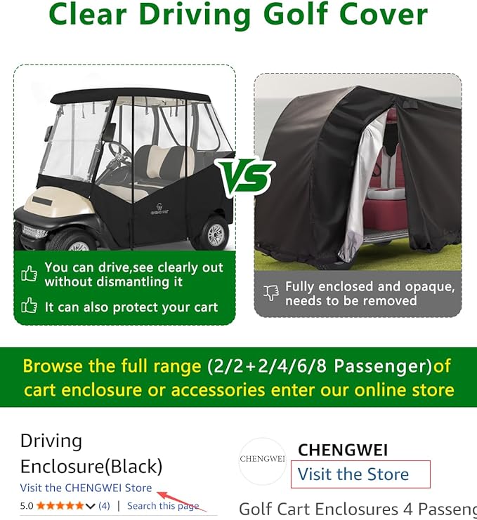 Golf Cart Enclosure 2 Passenger for Club Car Precedent Tempo Onward,600D Clear Rain Cover Driving Enclosure 2 Seater,Roll Up 4 Sided Transparent Windows&Door Heavy Duty Zipper,Side Mirrors Openings