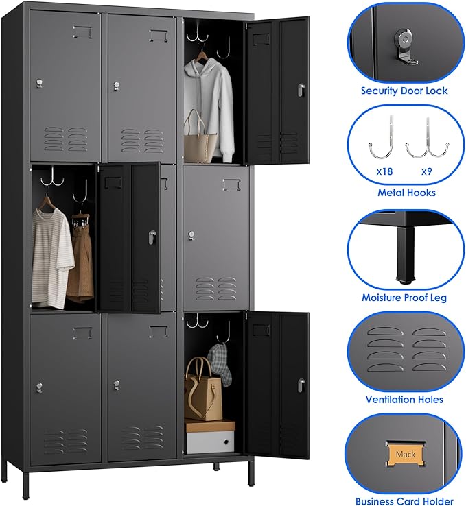METAN Metal Locker for School Office Gym Bedroom,9 Doors Black Steel Storage Locker Cabinet for Employees, Industrial Storage Locker, Assembly Required (9 Door-Black)