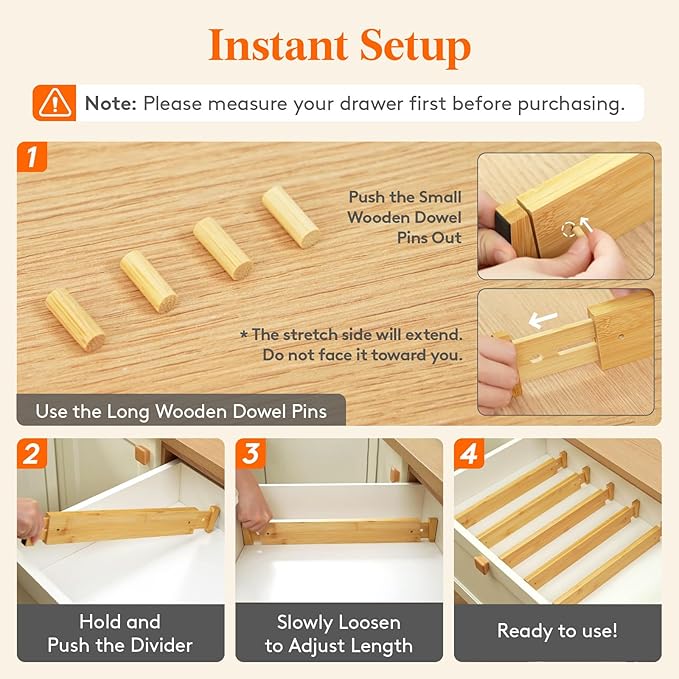 Lifewit 6 Pack Bamboo Drawer Dividers 2.4" High, 17.5-22" Kitchen Drawer Organizers, Adjustable Wooden Drawer Dividers for Clothes, Expandable Drawer Separators for Dresser, Bedroom, Bathroom, Cabinet
