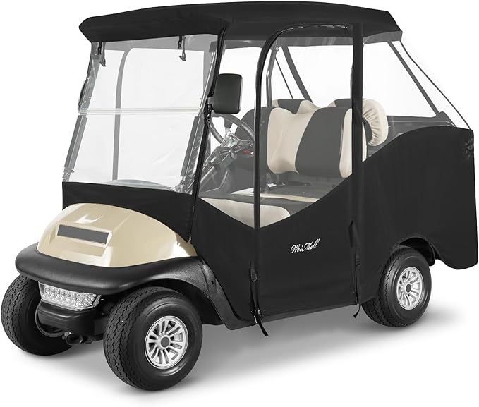 4 Passenger Golf Cart Enclosure for Club Car Precedent Tempo Short Roof 2+2 57.5" Waterproof Windproof Driving Rain Cover 4-Seater with 4-Sided Clear Windows Roll-up Zipper Door Black