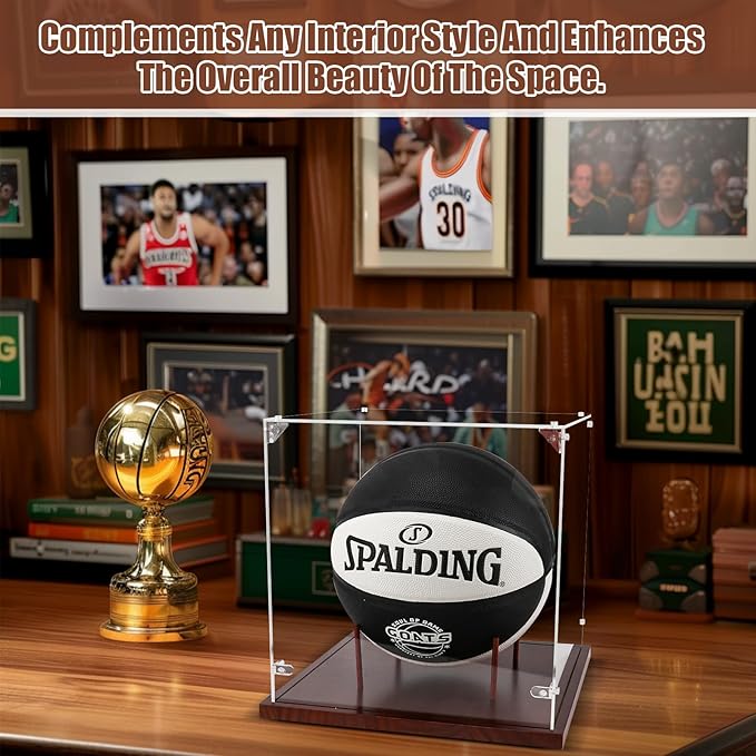 Basketball Display Case Acrylic Clear, Full Size Basketball Case with Solid Wood Base & UV Protected Display Stand for Autographed Standard Ball, Display Case for Basketball Memorabilia Keepsake