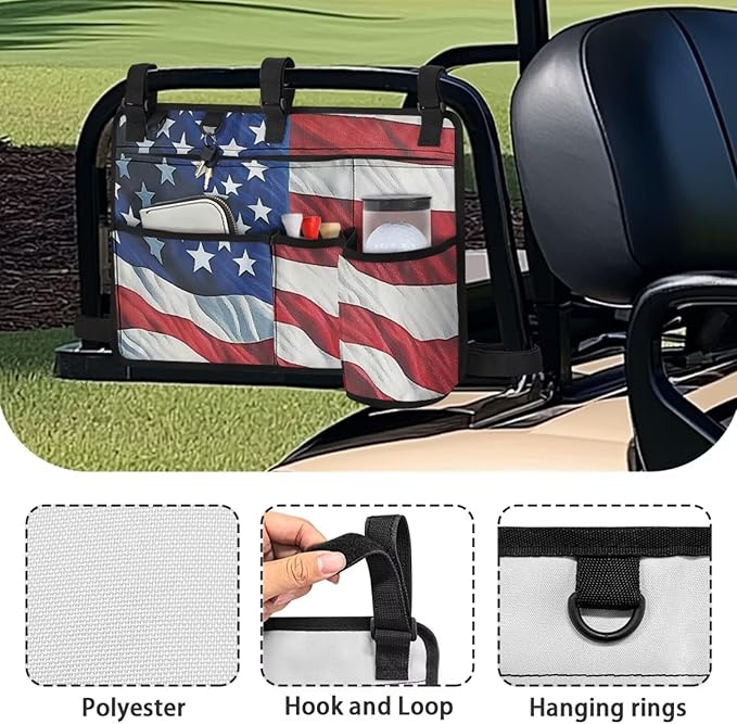 American Flag Golf Cart Bag, Golf Cart Rear Seat Organizer with Open Pockets for Golf Balls & Bottles