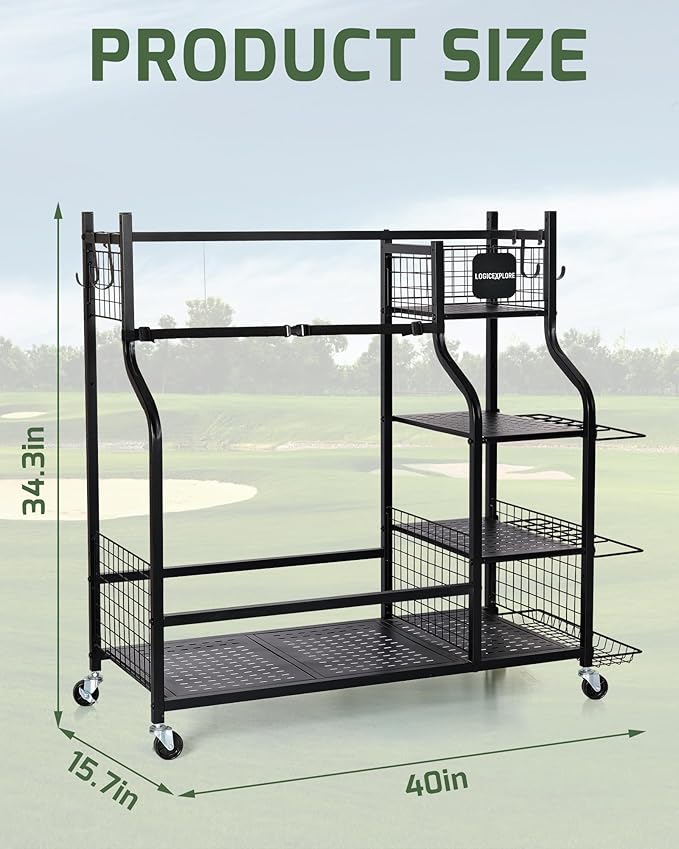 Golf Bag Storage Organizer Rack for Garage, Golf Bag Stand with Rolling Wheels, Heavy-Duty Metal Golf Equipment Organizer for Home, Garage, Clubhouse