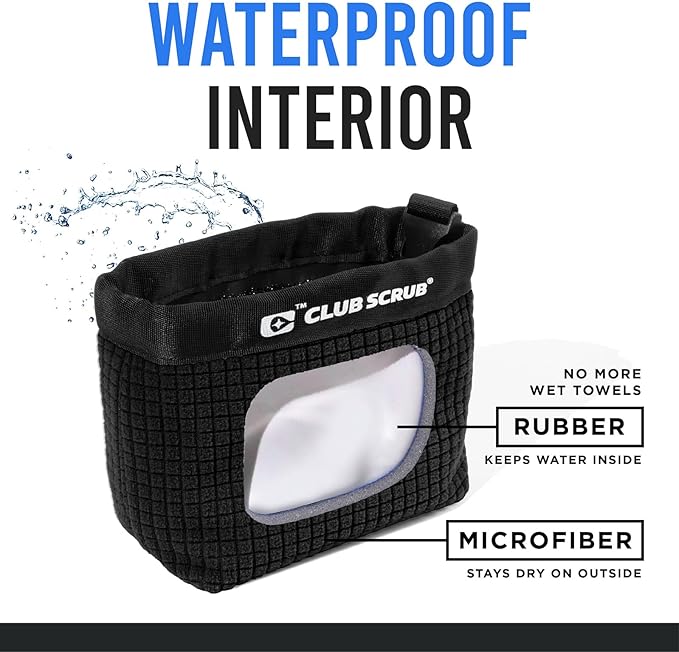 Club Scrub Golf Club and Golf Ball Cleaning Bag, Waterproof Clean Face Technology Liner, Detachable Clip, Machine Washable, Cleans Club Grooves, Dry Exterior (Neoprene or Microfiber Option Available)
