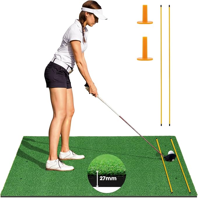 Goplus Golf Mat, 5x3ft/5x4ft Golf Hitting Mat 20/25/27/32mm Thick w/2 Alignment Sticks & 2 Golf Tees, Portable Artificial Turf Grass Training Mat Practice for Indoor Outdoor
