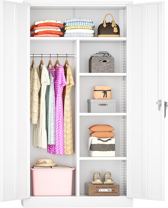 Greenvelly Metal Wardrobe Cabinet with Locking Doors, 72" H x 36" W White Metal Wardrobe Closet Cabinet with Hanging Rods and Adjustable Shelves, Steel Storage Closet for Home, Office, Employee, Gym