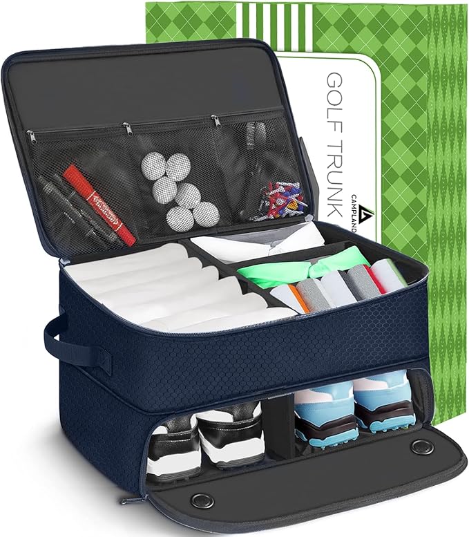 CAMPLAND 2 Layer Golf Trunk Organizer, Waterproof Car Locker for 2 Pair Shoes, Durable Storage for Balls, Tees, Clothes, Gloves, Accessories, Golf Gifts, Blue