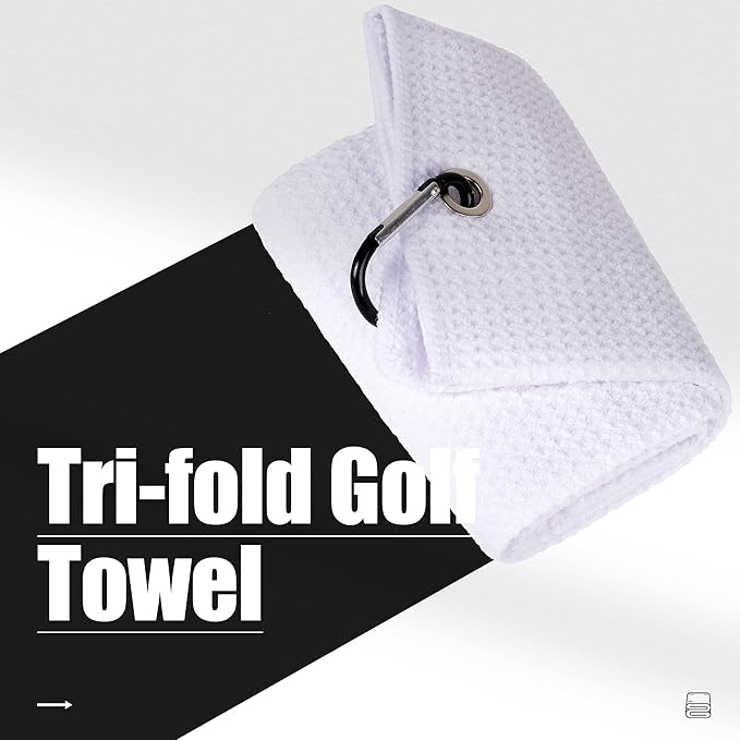 Mile High Life Tri-fold Golf Towel | 16" X 24" | Premium Microfiber Fabric | Waffle Pattern | with Heavy Duty Carabiner Clip | for Men and Women (White)