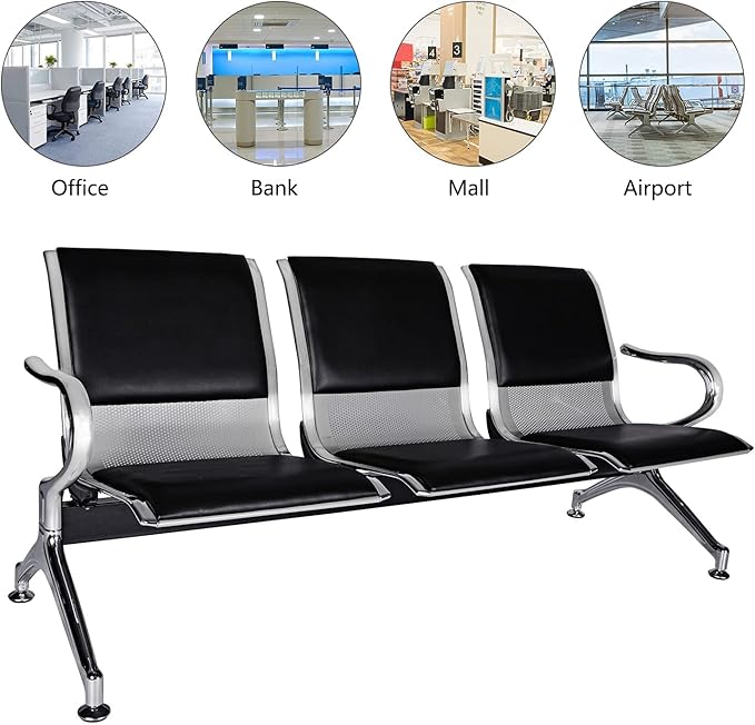 Waiting Room Chairs Guest Reception - 3-Seat Waiting Room Bench with Arms Airport Reception Bench Guest Reception Chairs PU Leather Office Chair for Airport Market Bank Hospital School, Black