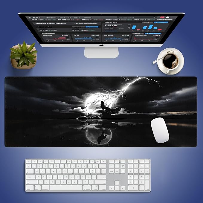 Wknoon. Extra Large Gaming & Office Mouse Pad (31.5" x 11.8") with Durable Stitched Edges – Silhouetted Wolf Howl Under Stormy Sky Power and Magnificence of Nature, Anti-Slip XXL Desk Mat