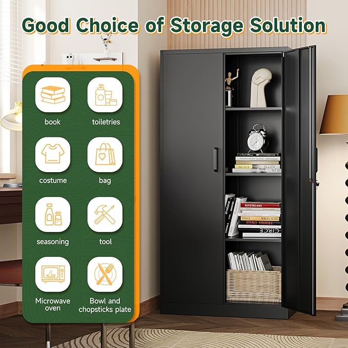 Letaya Metal Black Storage Cabinet with Adjustable Shelves and Lock Door-Metal Pantry Cabinets for Home,Office,Warehouse,Utility Room