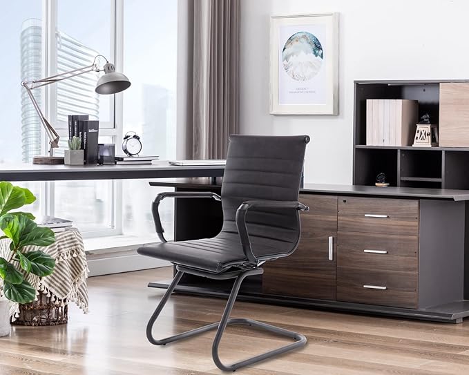CIMOTA Waiting Room Chairs Leather Office Guest Chair Mid Back Reception Chairs with Sled Base for Meeting/Patient/Conference Room, Retro Black Set of 6
