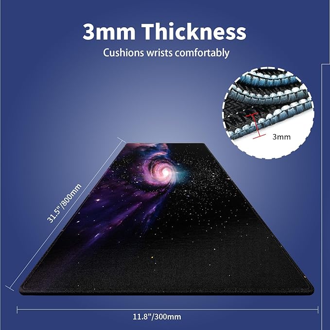 Wknoon. Extra Large Gaming & Office Mouse Pad (31.5" x 11.8") – Blue & Purple Spiral Galaxy in Outer Space Andromeda Nebula Star Dust Cosmic Whirl, Premium XXL Desk Mat with Durable Stitched Edges