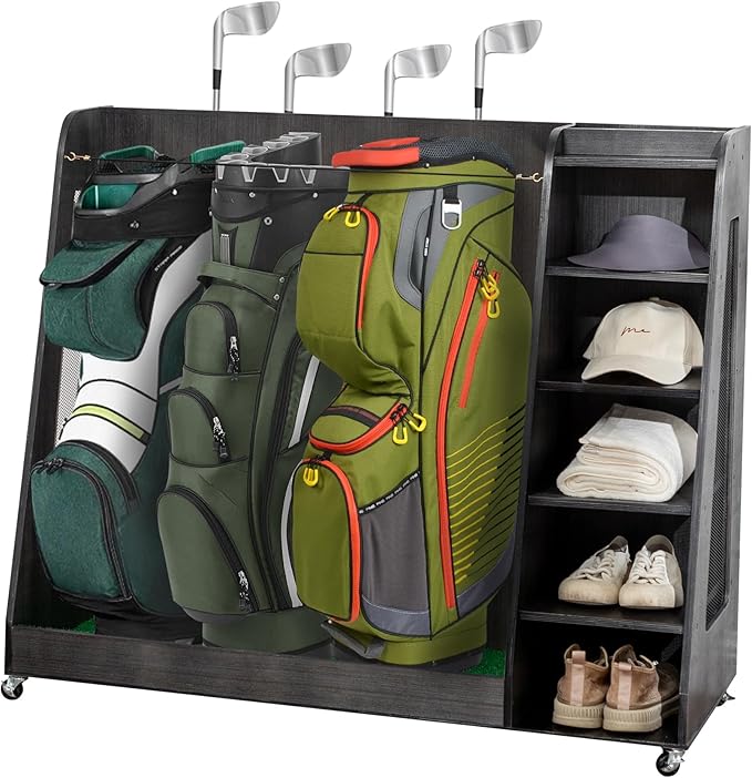 Wooden Golf Bag Organizer Garage Large Golf Bag Storage Rack Stand with Wheels Fits 3 Golf Bags, Golf Clubs and Other Golfing Equipment Accessories Golf Bag Holder for Garage, Club, Shed Basement