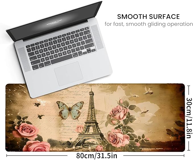 Vintage Paris Large Gaming Mouse Pad,Eiffel Tower Rose Desk Mat,31.5x11.8x0.12in Extended Non-Slip Rubber Butterfly Mousepad,Computer Deskmat Gifts,Laptop Mice Pads Decor for Home Office