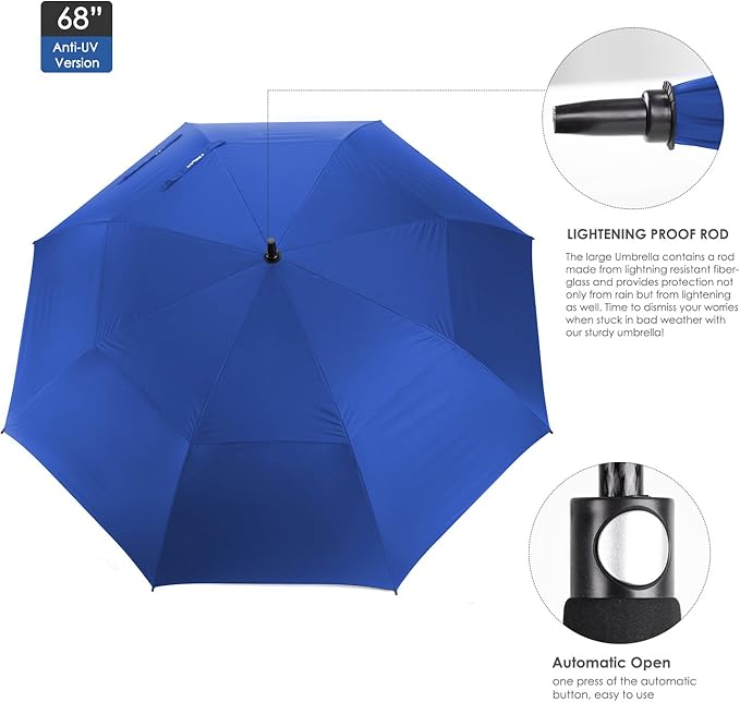 ZEKAR 54/62/68 inch Windproof Large Vented UV Protection and Classic Pongee Fabric Golf Umbrella, Double Canopy Rain Sun Oversized Stick Umbrellas Women Men
