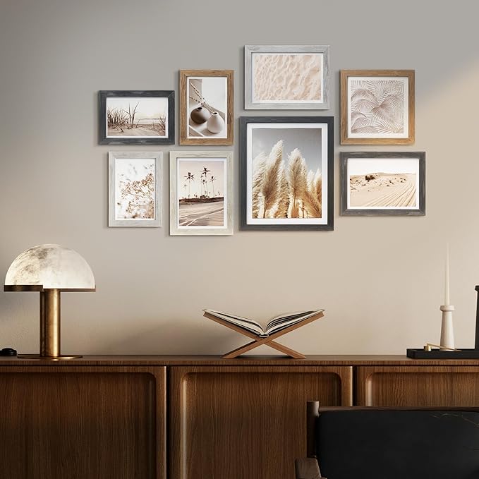 ArtbyHannah Gallery Wall Frame Set, 8 Pack Picture Frames Collage Wall Art Decor with Neutral Pampas Grass for Bedroom, Assorted Size Including 8"x10", 5"x7", 4"x6", 6"x6"(Multi-color Frame,Small)