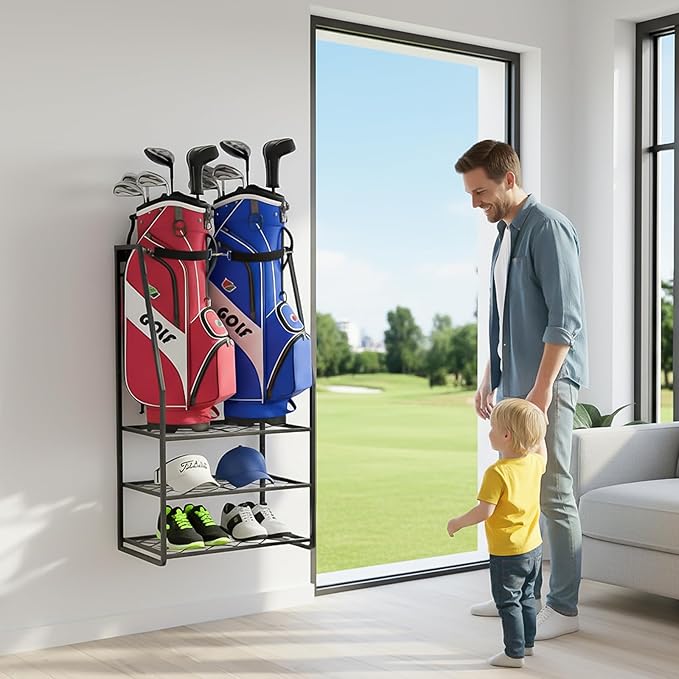 Wall Mount Golf Bag Organizer for Garage, Heavy Duty Golf Storage Rack Holds 2 Bags, Freestanding Golf Bag Stand and Accessories Holder for Home & Shed