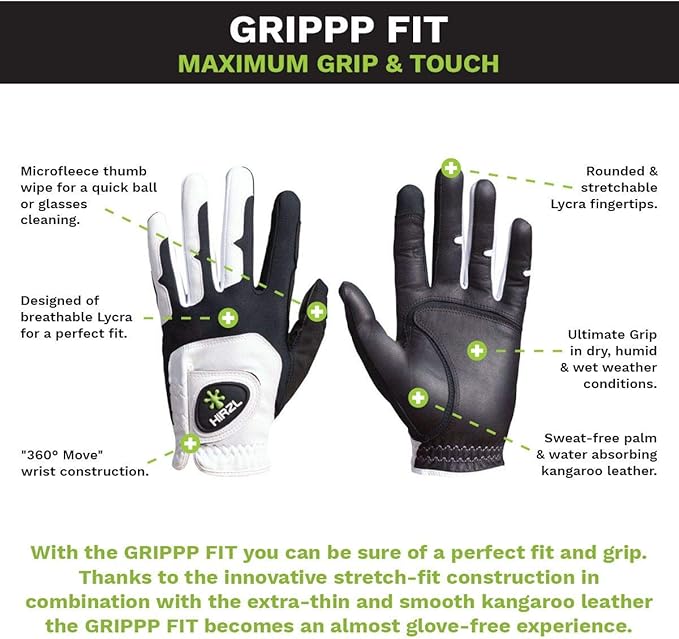 HIRZL GRIPPP FIT Golf Glove – All Weather Mens Golf Glove (White/Black) | Kangaroo Leather & Lycra | Ultimate Grip in Wet or Dry Conditions