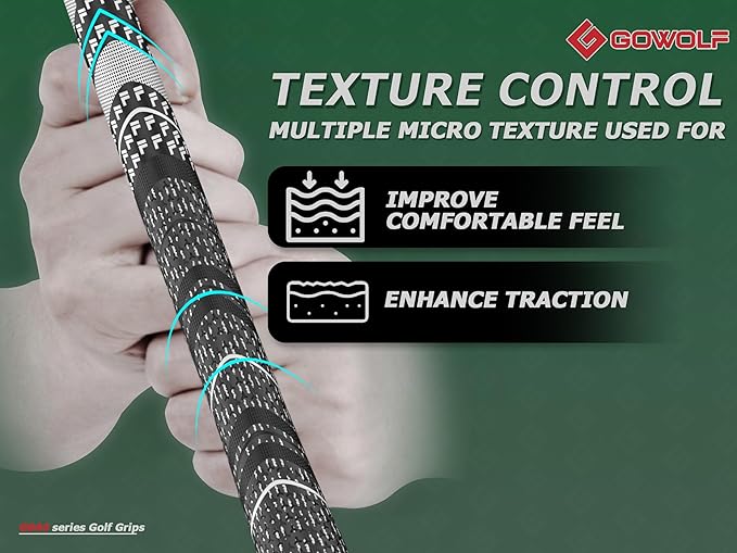 Gowolf Premium Cross Corded Natrual Rubber Golf Grips 13 Pack, Back Rib Improved Control Multi-compound Hybrid Golf Club Grips with 15pc Tapes or Full Kits
