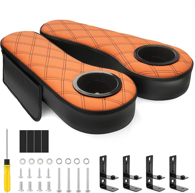 Panglong Golf Cart Armrest with Cup Holder and Phone Storage Pouch-Black or Brown, Fit Club Car EZGO Yamaha Rear Seat 1-Inch Square Tube